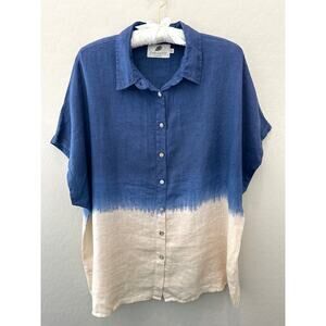 FABULOUS! | 100% Linen Blue Tan Ombre Beach Oversized Button Down Shirt | XL